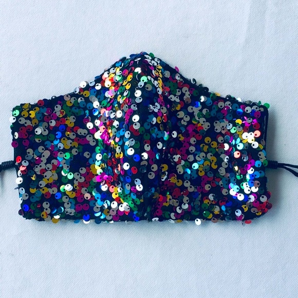 HAND CRAFTED SEQUIN FACE MASK BLING RAINBOW - Picture 7 of 11